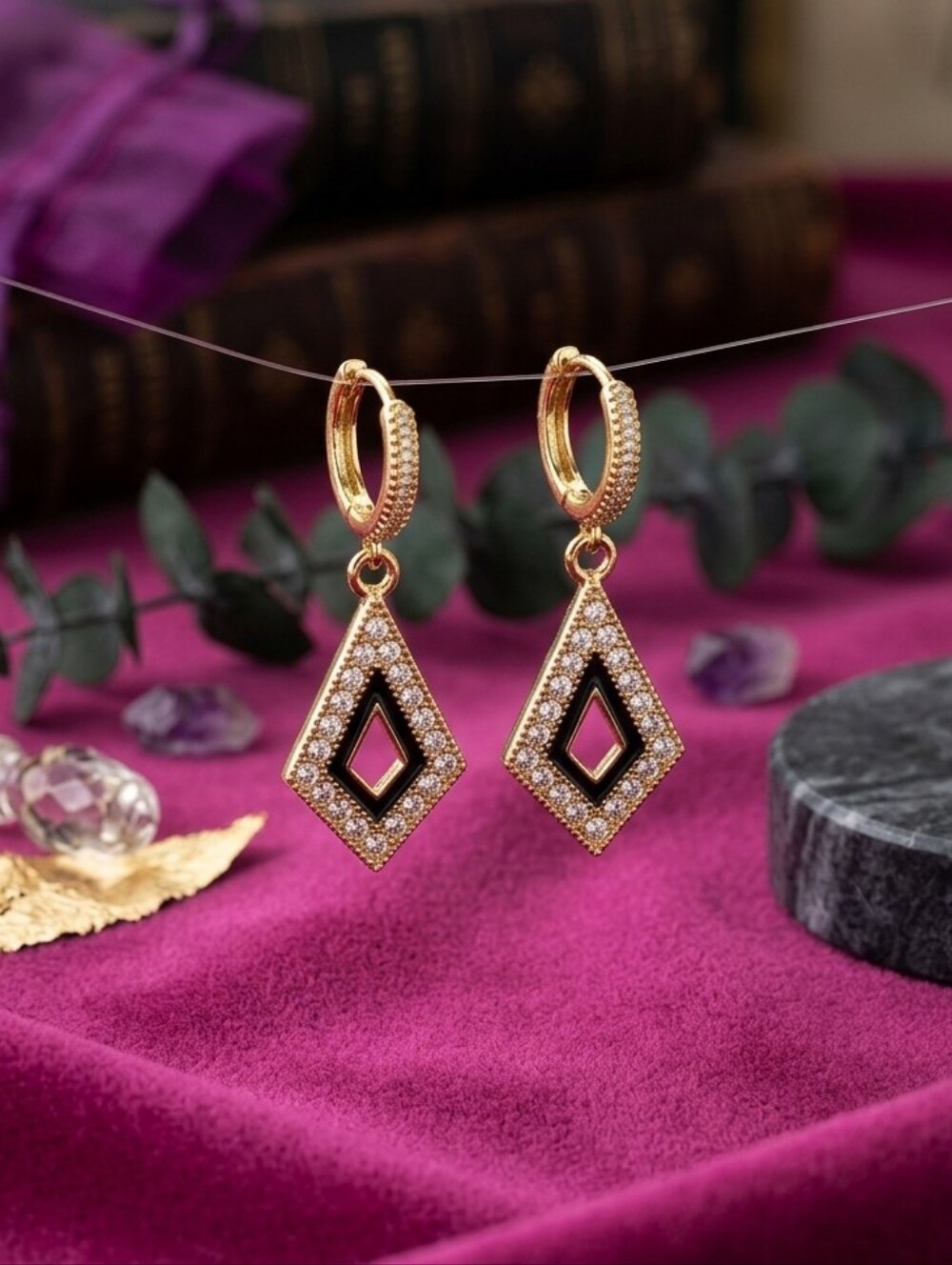 Gold Diamond-Shaped Drop Earrings with Black and Pink Accents